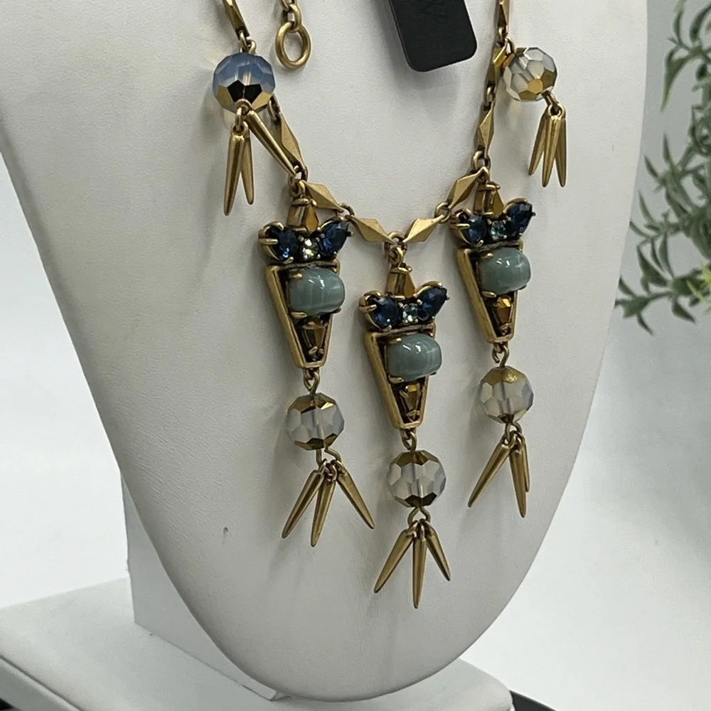 J. Crew Gold Tone Blue Aurora Borealis Blue Cabochon Spike Long Necklace New‎